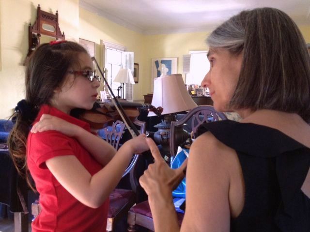 Serena participates actively during a Suzuki method violin lesson in Constances Beverly Hills violin studio.